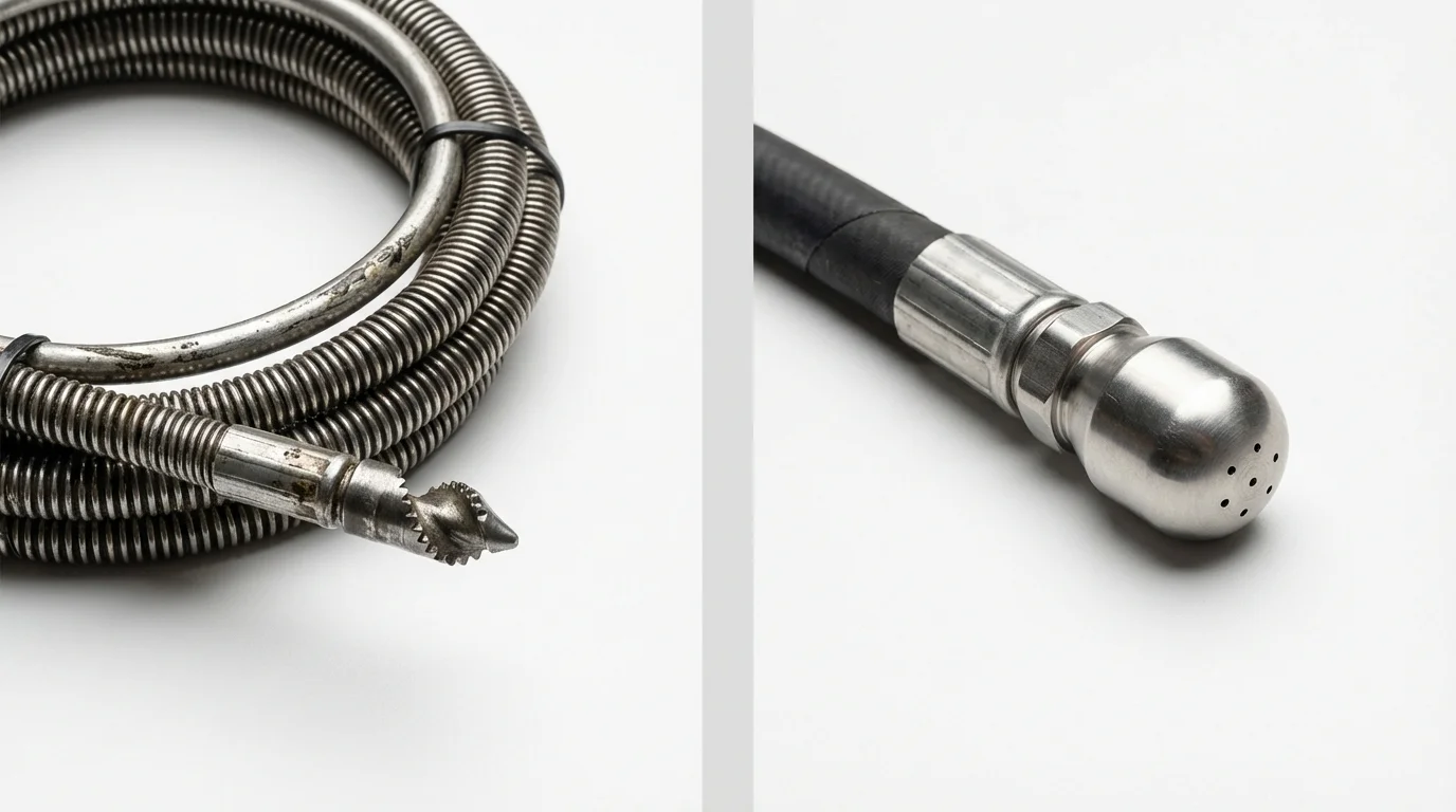 Drain snake cable and hydro jetting nozzle used for drain cleaning in Fairview, OK