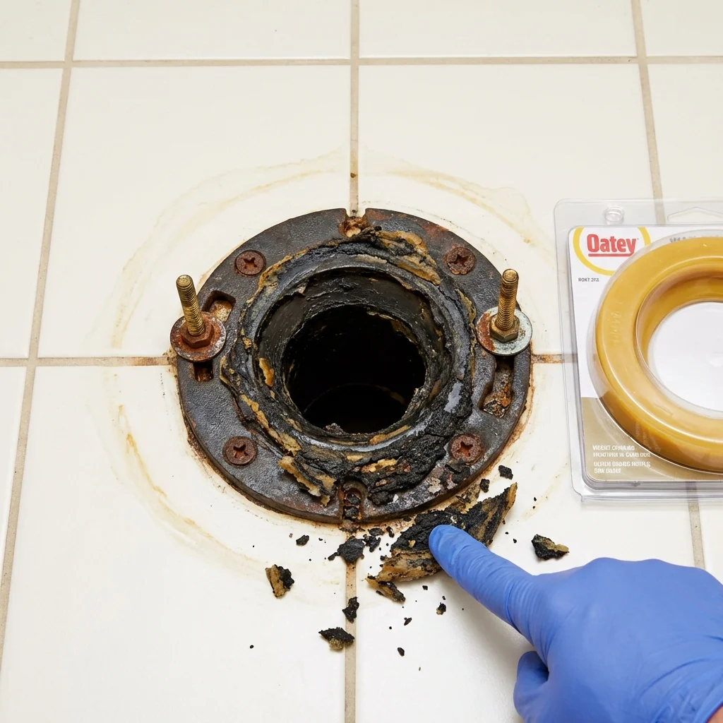 Failed wax ring showing water seepage at the base of a toilet in a Fairview, OK home