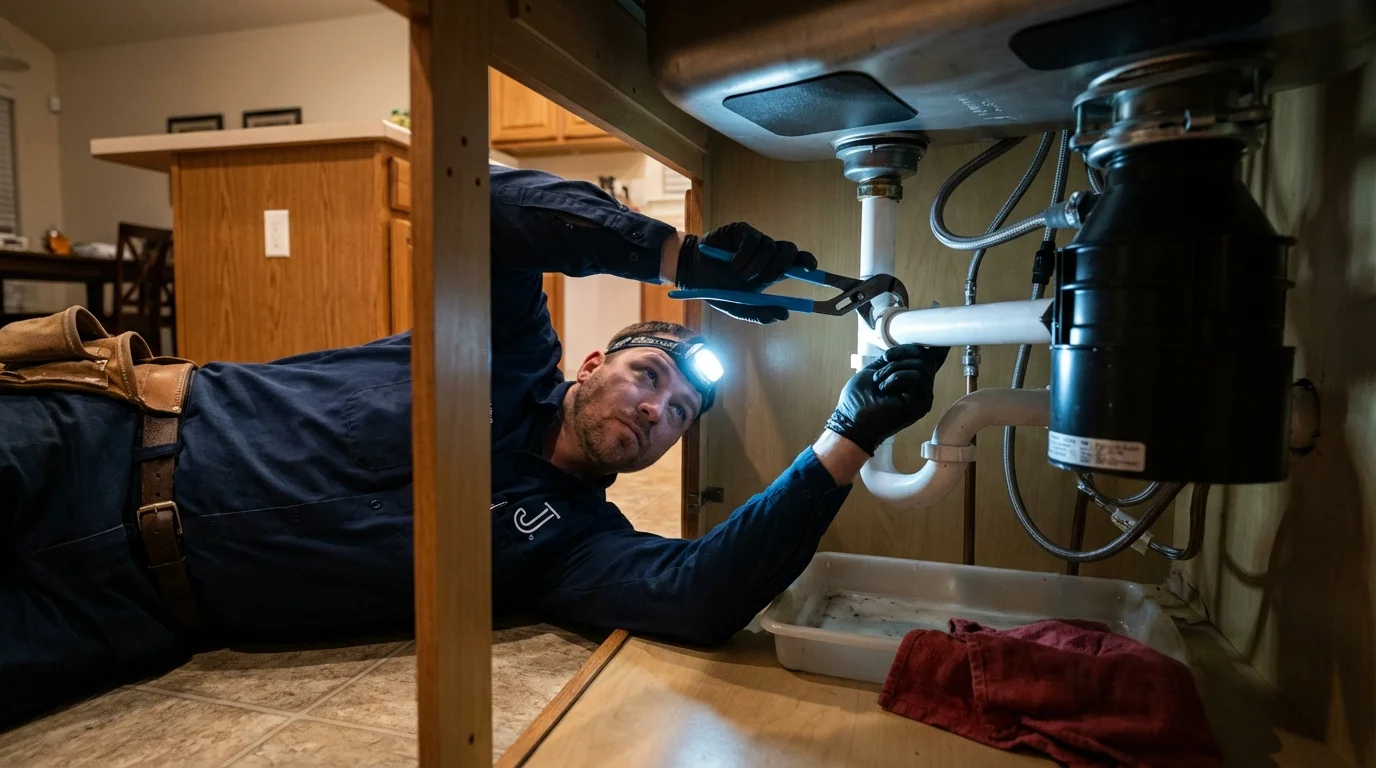 P-trap and supply line connections under a kitchen sink showing a common leak point in Fairview, OK